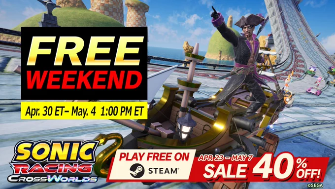 Sonic Racing: CrossWorlds FREE WEEKEND asset featuring Captain Majima, running from April 30th ET through May 4th at 1:00pm ET. Play free on Steam. There will also be a 40% OFF sale April 23rd through May 7th!