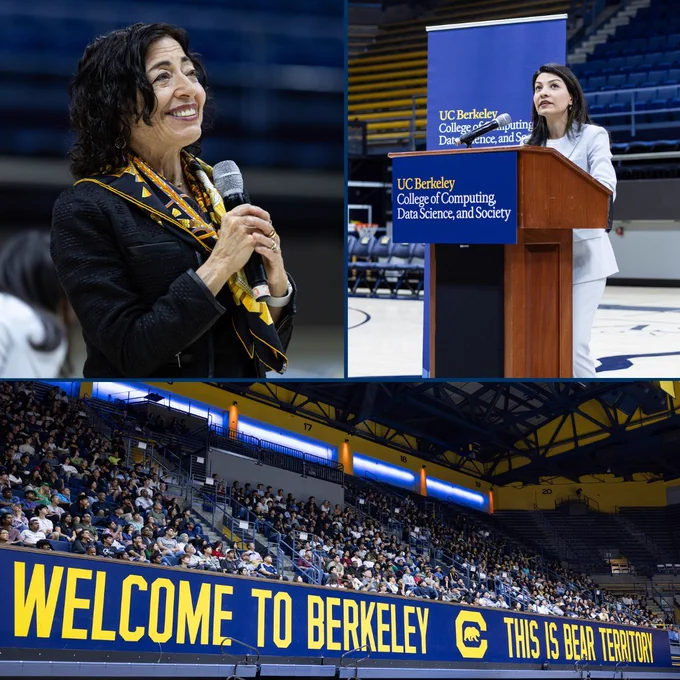 Collage of three photos: Jennifer Chayes; Narges Norouzi; Numerous Cal Day attendees seated in Haas Pavilion behind a banner that reads: “Welcome to Berkeley. This is bear territory.”