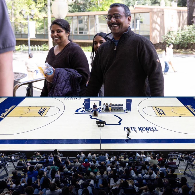 Collage of two photos: Cal Day attendees smiling and walking to Haas Pavilion; Numerous Cal Day attendees seated in Haas Pavilion with a view of the basketball court.