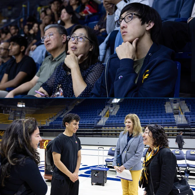 Collage of two photos: Three Cal Day attendees seated in Haas Pavilion listening to the program; Jennifer Chayes and Heidi Green in conversation with attendees on the basketball court.