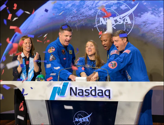 Nasdaq Chair and Chief Executive Officer Adena T. Friedman, left, and NASA’s Artemis II crewmembers: CSA (Canadian Space Agency) astronaut Jeremy Hansen, mission specialist; NASA astronauts Christina Koch, mission specialist; Victor Glover, pilot; and Reid Wiseman, commander, right, ring the closing bell of the Nasdaq market session, Thursday, April 30, 2026. NASA’s Artemis II mission took Wiseman, Glover, Koch, and Hansen on a nearly 10-day journey around the Moon and back to Earth earlier in April, 2026. Photo Credit: (NASA/Bill Ingalls)
