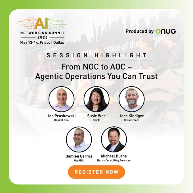 DevAI's Dr. Susie Wee on the "From NOC to AOC" panel at the ONUG AI Networking Summit, May 14 in Frisco/Dallas. Joined by practitioners from Capital One, OpsMill, Grokstream, and Burns Consulting discussing agentic operations, AI trust, and the future of enterprise IT.