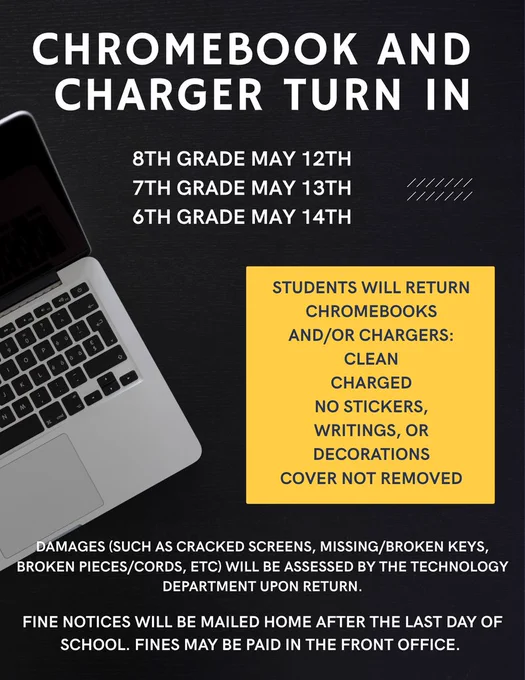 Chromebooks and chargers will be returned on the following schedule during ELA classes: 8th grade: May 12  7th grade: May 13 6th grade: May 14  Students will return chromebooks and/or chargers: CLEAN CHARGED NO STICKERS, WRITINGS, OR DECORATIONS COVER NOT REMOVED  Damages (such as cracked screens, missing/broken keys, broken pieces/cords, etc) will be assessed by the technology department upon return.   Fine notices will be mailed home after the last day of school. Fines may be paid in the front office. 