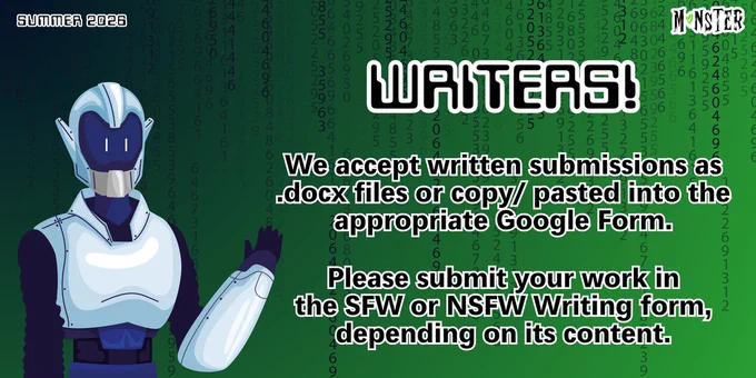 Black text on a bright green and navy background with numbers fading down from the top. Text reads Writers! We accept written submissions as .docx files or copy/ pasted into the appropriate Google Form. Please submit your work in the SFW Writing or NSFW Writing form, depending on its content. There is a humanoid robot to the left of the text, holding a hand towards it.
