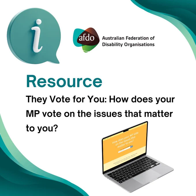 AFDO resource graphic with the heading “Resource” and the text: “They Vote For You: How does your MP vote on the issues that matter to you?” Includes an illustration of a laptop displaying a website and the AFDO logo in the top corner.