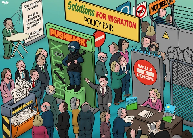 Cartoon showing a policy fair with a sign that reads 'Solutions for migration'. We see several exhibitions with vendors giving demonstrations to policy makers. One vendor is showing off the new military-looking uniform of Frontex border guards; another is demonstrating the 'Turbo shredder' by shredding documents labeled 'Human rights' and 'Refugee convention'. Yet another is showing off different kinds of walls and electrified fences. One stall to the side draws no attention at all; a banner standing next to a dejected vendor reads 'Reduce global inequality; invest in international development cooperation; work towards world peace'