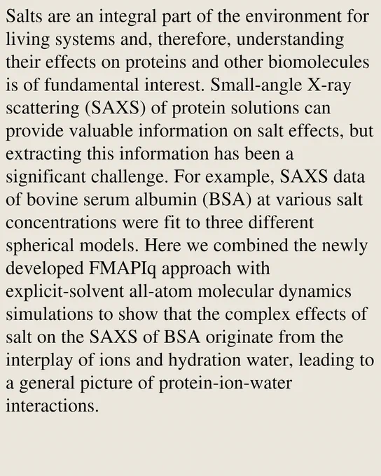 Salts are an integral part of the environment for living systems and, therefore, understanding their effects on proteins and other biomolecules is of fundamental interest. Small-angle X-ray scattering (SAXS) of protein solutions can provide valuable information on salt effects, but extracting this information has been a significant challenge. For example, SAXS data of bovine serum albumin (BSA) at various salt concentrations were fit to three different spherical models. Here we combined the newly developed FMAPIq approach with explicit-solvent all-atom molecular dynamics simulations to show that the complex effects of salt on the SAXS of BSA originate from the interplay of ions and hydration water, leading to a general picture of protein-ion-water interactions.