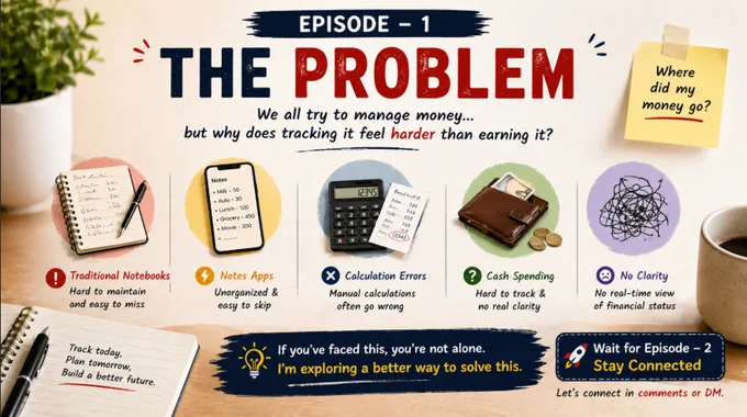 𝗦𝗧𝗢𝗥𝗬:-
               In my home, we have a habit of writing down daily and monthly expenses in a notebook. Every income, every expense—everything is recorded for better financial clarity.
The goal is simple: understand spending and improve financial discipline.

𝗣𝗥𝗢𝗕𝗟𝗘𝗠:-
                    Here’s where the real problem starts.
I’m a bit lazy when it comes to maintaining this regularly—and that leads to multiple issues:
📌 Notebook is not always available when needed
📌 Delays in writing transactions → missing details
📌 Forgetting the reason behind expenses
📌 Cash spending becomes hard to track
📌 Manual calculations often go wrong or mismatch
📌 Missing even a single entry impacts the entire record
📌 No clear real-time understanding of financial status
Over time, instead of helping… it becomes frustrating.

