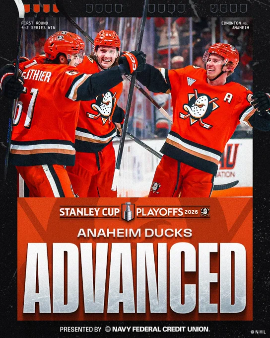 Graphic showing Ducks players celebrating on ice. Small white text at the top reads \"First round 4-2 series win. Edmonton vs Anaheim.\" At the bottom is the Stanley Cup Playoffs 2026 logo with the Ducks logo and the text \"Anaheim Ducks Advanced. Presented by Navy Federal Credit Union.\"