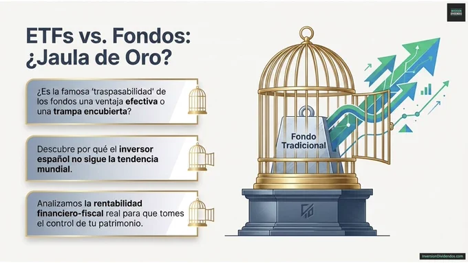 Infografía titulada 'ETFs vs. Fondos: ¿Jaula de Oro?' que cuestiona si la traspasabilidad de los fondos en España es una ventaja real o una trampa encubierta. La imagen muestra un bloque etiquetado como 'Fondo Tradicional' encerrado en una jaula dorada, mientras flechas verdes ascendentes representan el crecimiento exterior. El texto invita a descubrir por qué el inversor español no sigue la tendencia mundial y a analizar la rentabilidad financiero-fiscal real para tomar el control del patrimonio.