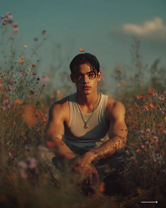 Young man sitting in a field of flowers during golden hour, wearing a tank top and chain, surrounded by soft natural light and a calm atmosphere.