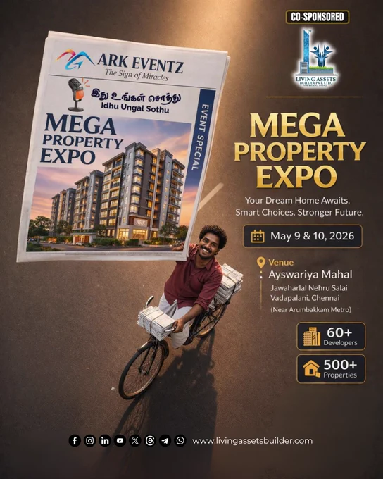 "Poster for Mega Property Expo, co-sponsored by Living Assets Builder Pvt. Ltd. Event dates May 9 and 10 2026, at Ayswariya Mahal Vadapalani Chennai near Arumbakkam Metro. 60 plus developers and 500 plus properties. Organized by ARK Eventz."