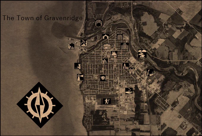 A tan map of the town of graven ridge, a little seaside town with icons showing where local hotspots are