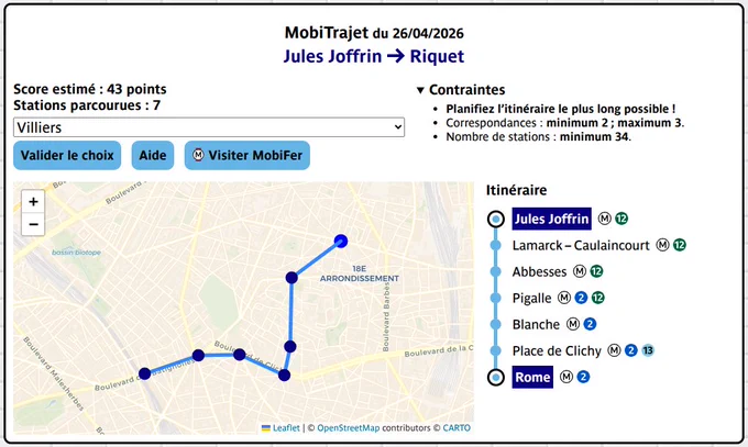 Image de démonstration de l’interface du jeu MobiTrajet.