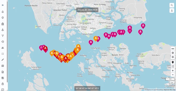 Screenshot from the Risk Intelligence System showing that 84% of vessel boardings in the Singapore Strait over the past 12 months occurred in the western zone.