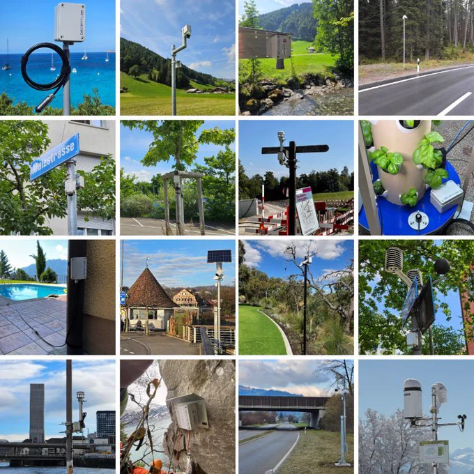 A 4x4 photo collage showing 16 Decentlab sensors deployed in different environments around the world: a sensor by a Mediterranean harbour with sailing boats, sensors mounted on poles in green Swiss landscapes, a sensor next to a mountain stream, one along a forest road, a sensor on a street sign labelled „Malzstrasse“, sensors in parking areas, a sensor on a hydroponic system growing basil, a sensor by a swimming pool, one near a historic building, sensors in parks and on trees, a sensor on a city waterfront, one mounted on a cliff face above a lake, a sensor next to a road bridge, and a weather station with multiple instruments.