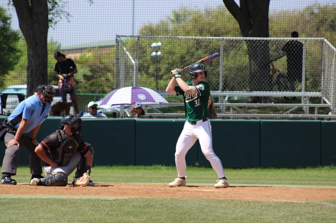 Dallas College Brookhaven baseball's Bradley Boedeker stands with his bat above his shoulder, awaiting a pitch in the batter's box. 