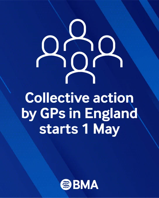 A blue graphic showing multiple figures standing together. White text reads: "Collective action by GPs in England starts 1 May."