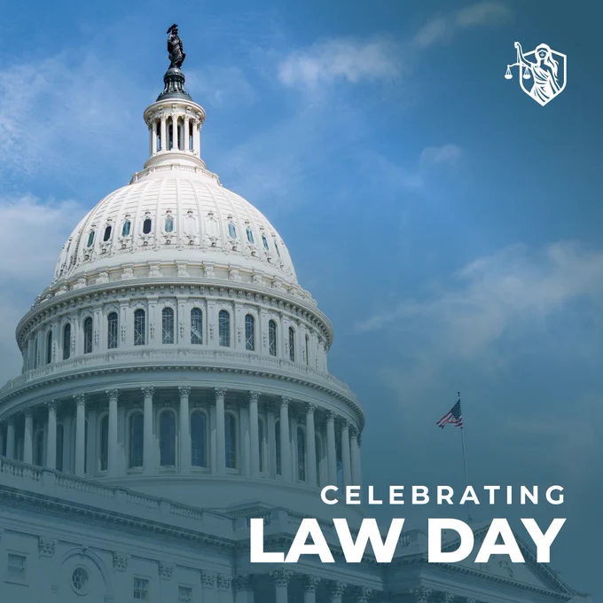 U.S. Capitol building dome under a blue sky with the text "Celebrating Law Day" and a small scale of justice symbol.