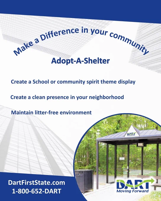 Adopt a shelter post, photo of shelter, bottom right  DART contact information, bottom left DartFirstState.com/ 1-800-652-DART