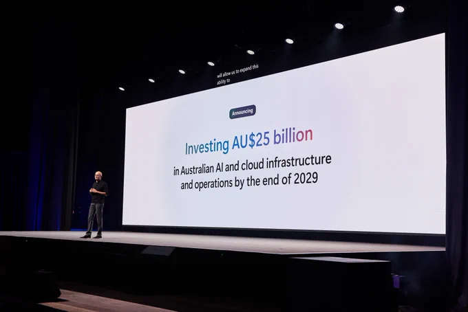 Satya Nadella speaking on stage at the Australia AI Tour