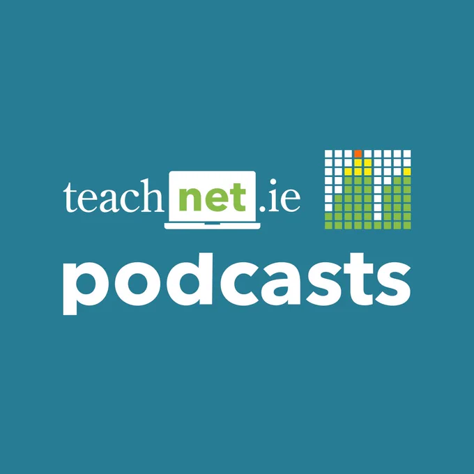 Teachnet.ie Podcasts logo with text and a graphic of a green and yellow bar chart on a teal background.