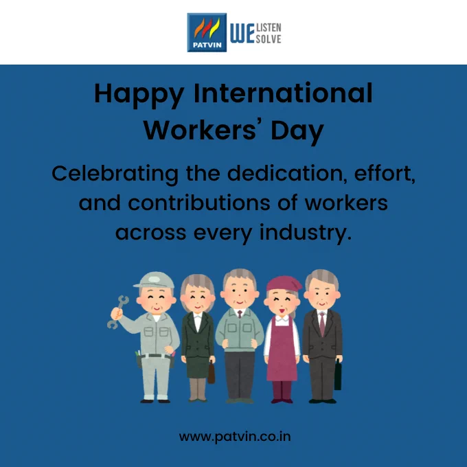 Illustration of diverse workers including technician, office staff, and industrial employees with the message “Happy International Workers’ Day” celebrating their contribution.