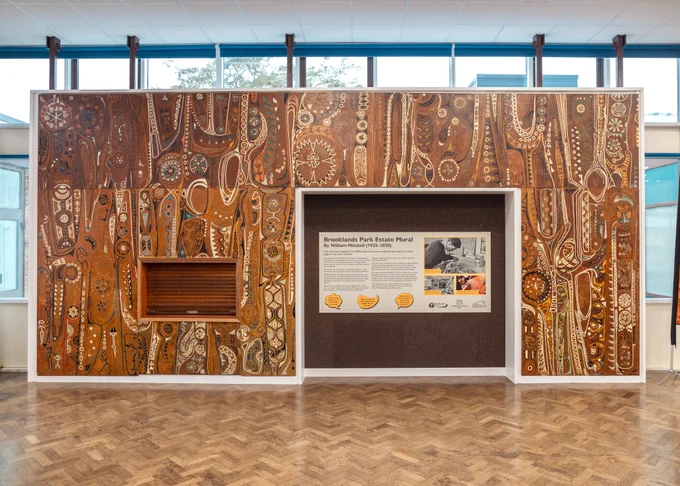 Brooklands Park Estate Clubhouse mural (William Mitchell, 1958), pictured Dec 2025 after restorartion in its new location, Brooklands Primary School, Greenwich.
Image: Chris O'Donovan, Heritage of London Trust