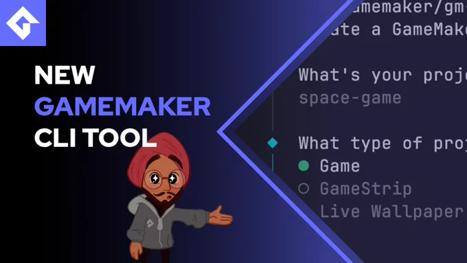 YouTube thumbnail reading ‘New GameMaker CLI Tool’ with a terminal command creating a GameMaker project and a cartoon character pointing toward it