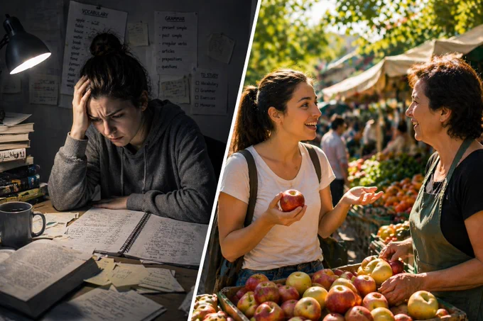 Split-screen image contrasting two approaches to language learning: a frustrated learner memorising vocabulary alone and a learner using language naturally in conversation at a lively outdoor market.