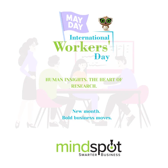 A market research team collaborating in a workspace as the background, featuring the Mindspot owl icon and logo. The text reads: 'Human Insights: The Heart of Research. New Month. Bold Business Moves.' Celebrating May Day and International Workers' Day.