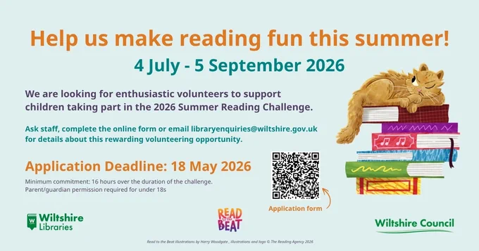 Wiltshire Libraries seeks volunteers for the 2026 Summer Reading Challenge. Apply by 18 May 2026. Image includes cartoon ginger cat curled up on a tower of colourful books.
