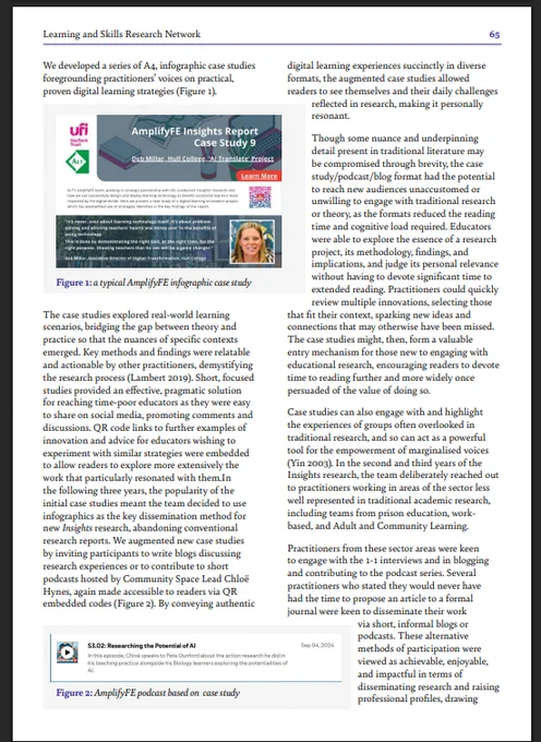 A printed page from the Learning and Skills Research Network titled "AmplifyFE Insights Report." The text explains how infographic case studies and podcasts make research more accessible for busy educators. It features two figures: an example infographic case study and a screenshot of a related podcast episode.