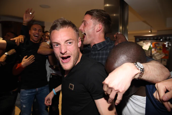 Jamie Vardy celebrates Leicester City's Premier League title win in 2016.