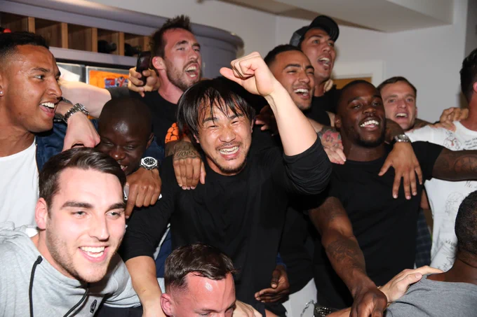 Shinji Okazaki celebrates Leicester City's Premier League title win in 2016.