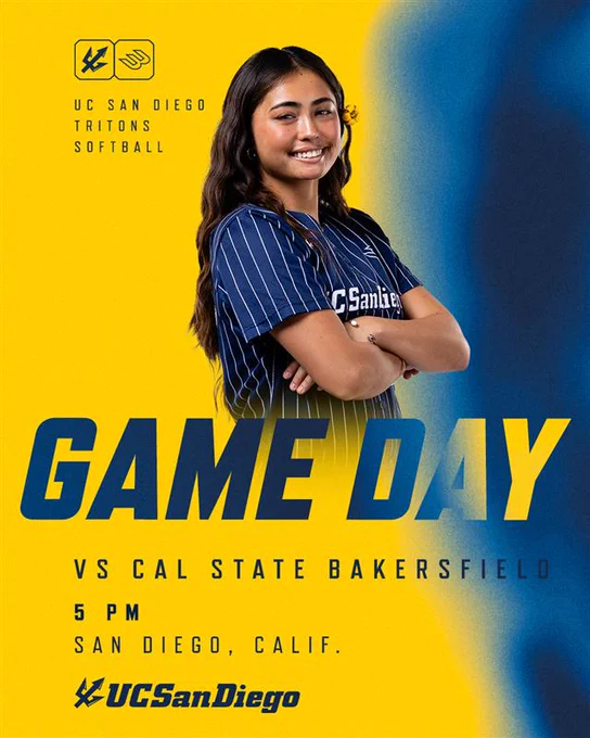 A person in a striped UC San Diego Tritons shirt stands with crossed arms, smiling confidently. The background features the text "Game Day" and details: "vs Cal State Bakersfield, 5 PM, San Diego, Calif." The UC San Diego Tritons logo is at the top.