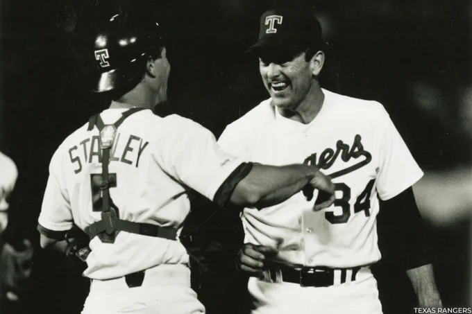 Catcher Mike Stanley, left, congratulates Nolan Ryan. (Texas Rangers)