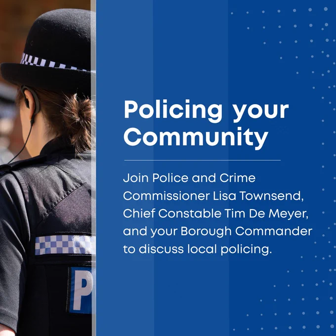 Blue graphic slide with white font writing that says that Commissioner Lisa Townsend, Surrey Police Chief Constable and your Borough Commander will be at each policing your community event.  Beside the text is a picture of the back of a uniformed female police officer wearing an earpiece