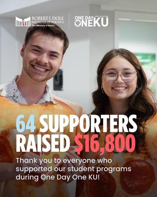 The image shows two individuals smiling and holding flyers together. Text on the image states: "64 supporters raised $16,800. Thank you to everyone who supported our student programs during One Day One KU!" The logos for the Robert J. Dole Institute of Politics and One Day One KU are present at the top.