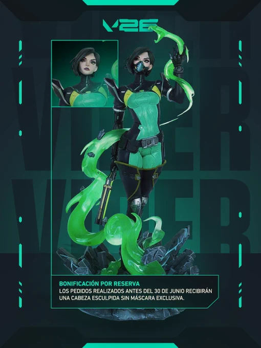 Imagen promocional de la figura coleccionable de Viper, de VALORANT. En la imagen principal hay una figura muy detallada de Viper ataviada con su clásica ropa verde y negra sujetando un arma entre efectos de un arremolinado humo verde y traslúcido que adoptan la forma de una serpiente cerca de la mano que tiene levantada. Una imagen añadida en la esquina superior izquierda muestra una cabeza alternativa y sin máscara esculpida. En la parte inferior, un cuadro de color turquesa llama la atención sobre una "Bonificación por reserva", la cual indica que los pedidos realizados antes del 30 de junio recibirán una cabeza esculpida sin máscara exclusiva. La imagen presenta un fondo verde oscuro con "VIPER" en letras grandes y sutiles, y el logotipo "V26" en la parte superior.