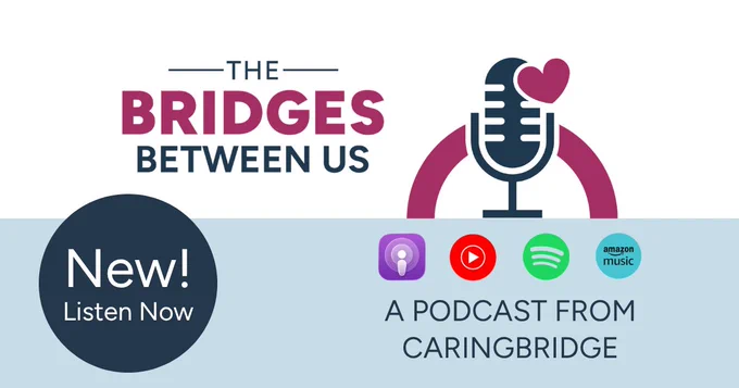 Logo for The Bridges Between Us podcast by CaringBridge with icons for Apple Podcasts, YouTube, Spotify, and Amazon Music.