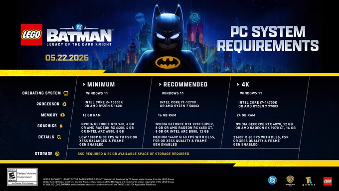 Spec sheet highlighting the PC system requirements to play LEGO Batman Legacy of the Dark Knight. 