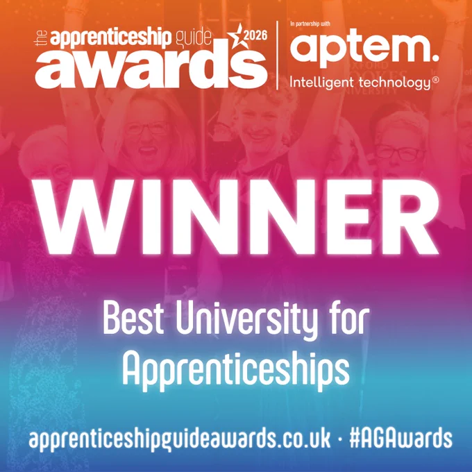 A graphic announcing the winner of the Best University for Apprenticeships award, as chosen by The Apprenticeship Guide Awards. 