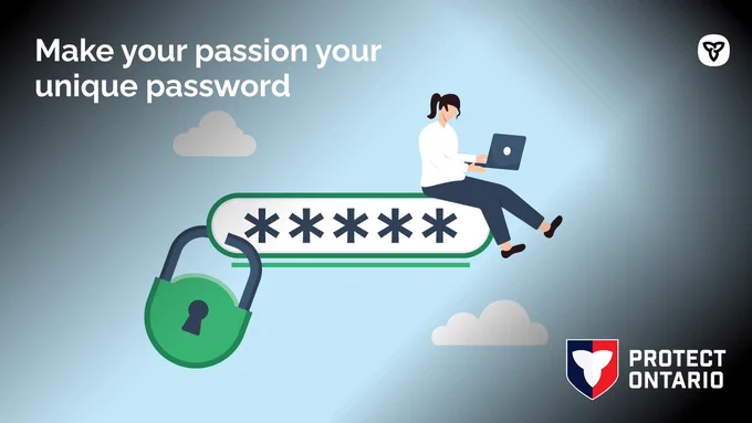 animation of person on a laptop & password is encrypted. Copy: Make your passion your unique password.