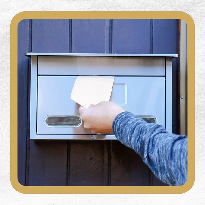 A hand inserts an envelope into a silver mailbox mounted on a wooden surface