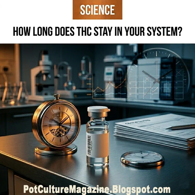 Laboratory setting with microscopes and analytical instruments in the background, foreground table holding two clocks a vial with a barcode label and a stack of papers with a pen on top, digital overlay showing a clock and a graph suggesting time measurement and data analysis, headline reading Science above text asking how long THC stays in your system, with PotCultureMagazine.Blogspot.com at the bottom and the Pot Culture Magazine logo included.