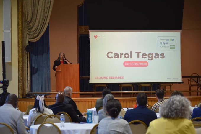 Carol Tegas giving closing remarks at the Speak Life! Health Equity Conference. 