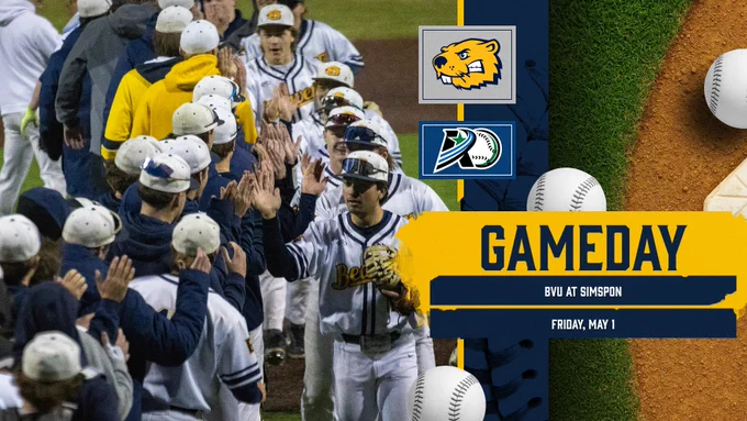 Gameday graphic: BVU at Simpson baseball game, Friday May 1. Team logos and player photo.