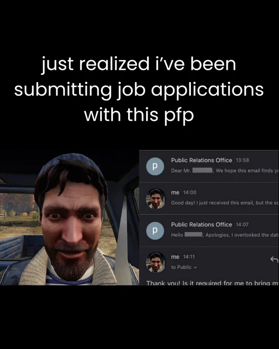 Conversation snippet with a Public Relations Office alongside text about submitting job applications with a funny SnowRunner driver profile picture.