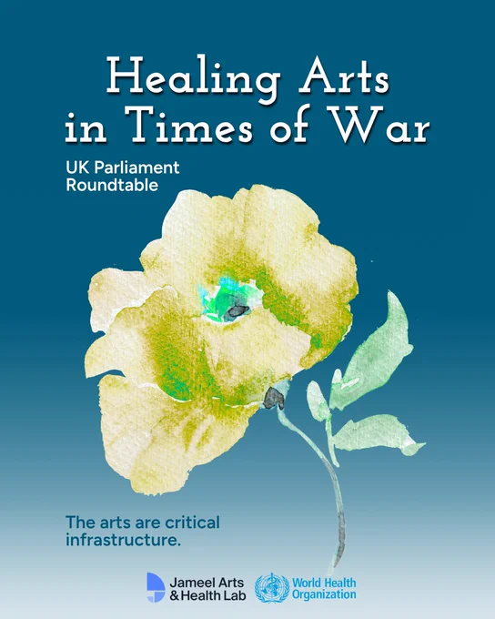 Graphic: "Healing Arts in Times of War" UK Parliament Roundtable with watercolor flower.